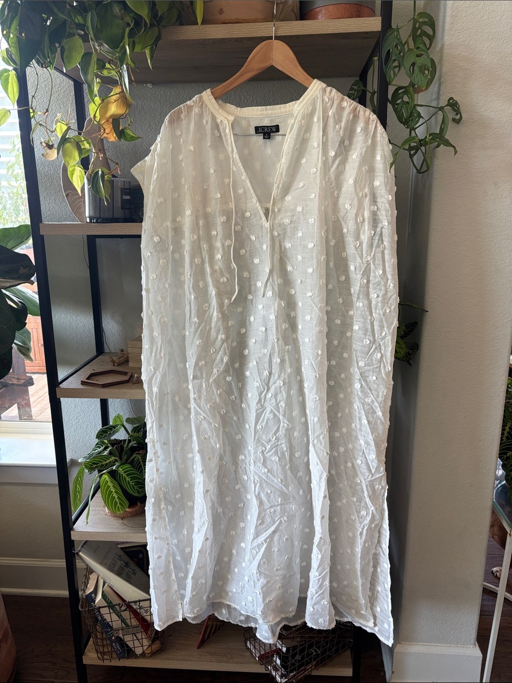 J. Crew Oversized White Swiss Dot Cotton Beach Cover-Up Kaftan Dress